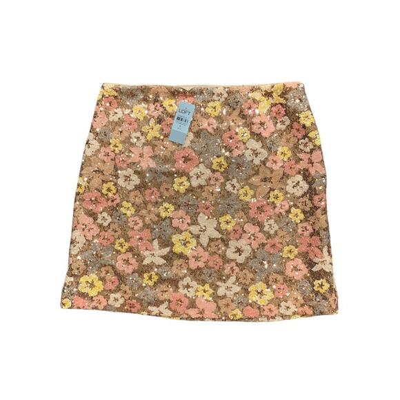 Loft Skirt Womens 6 Petite Multi Daisy Print Sequin Lined Side Zip Retro Mini - Picture 1 of 13